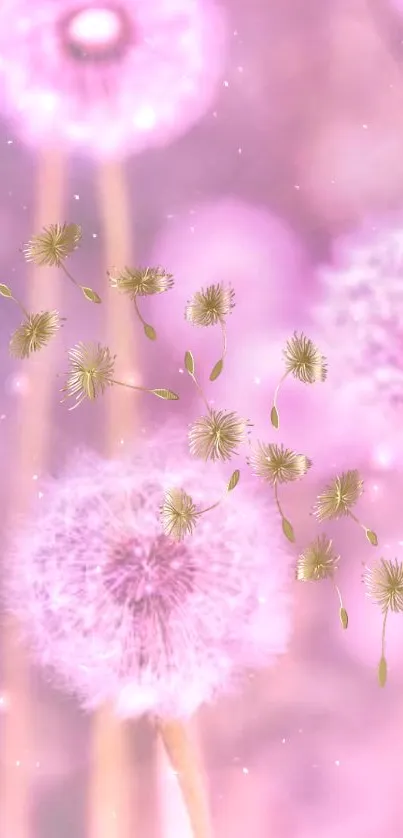 Dreamy pink dandelions with floating seeds on a soft background.