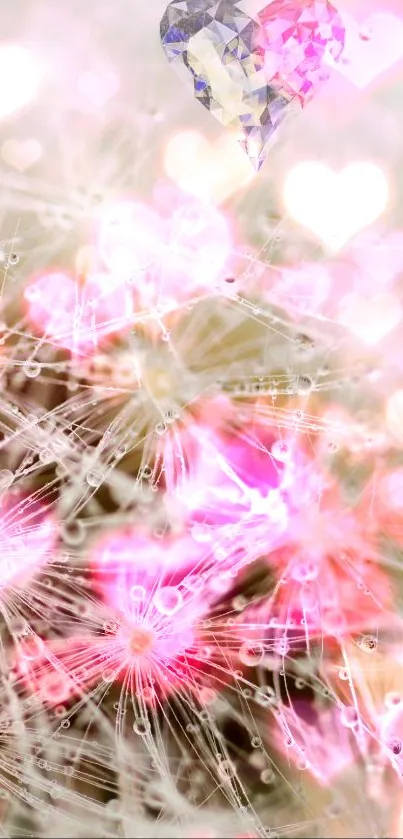 Pink dandelion with heart details mobile wallpaper.