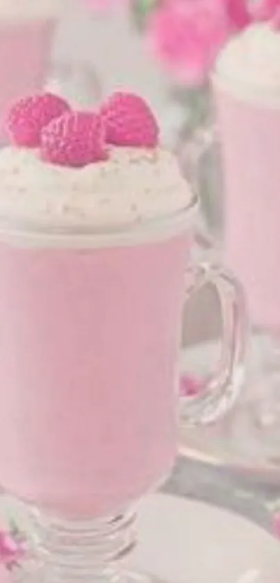 Pastel pink milkshake with raspberries in glass.