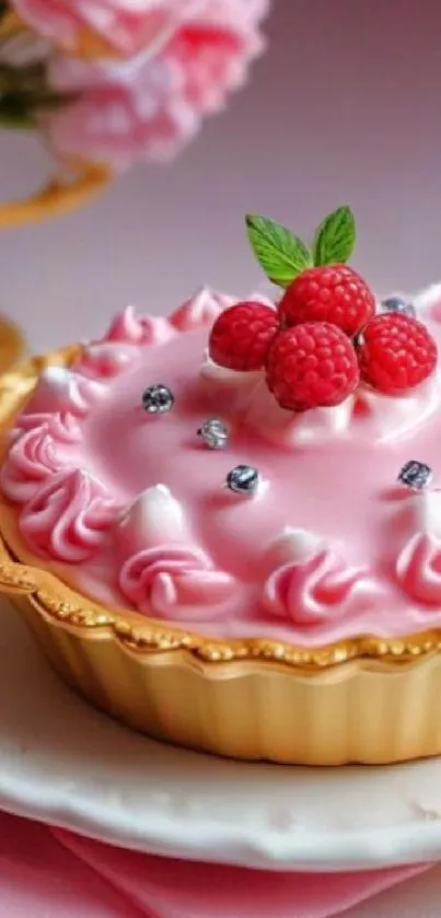 Pink raspberry tart with floral decor.