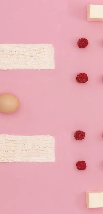 Pink background with dessert ingredients artfully arranged.