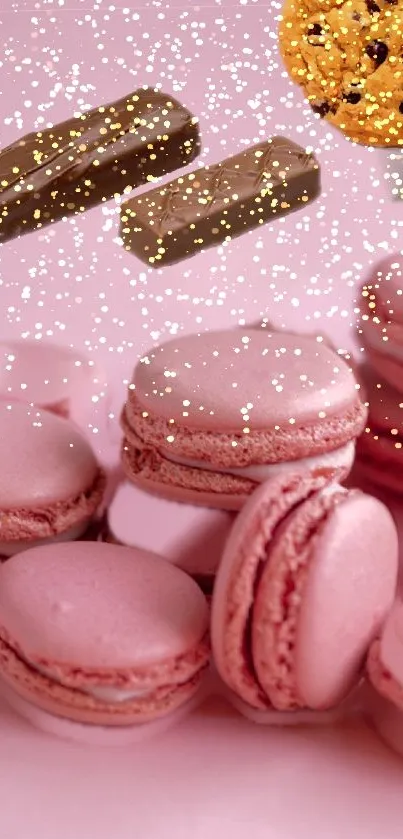 Pink macarons and chocolate bars with golden sparkles mobile wallpaper.