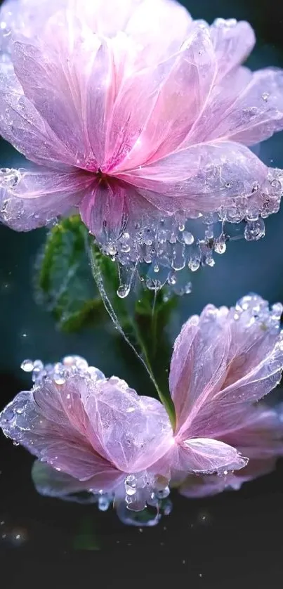 Dewy pink flowers with delicate petals on a dark background.