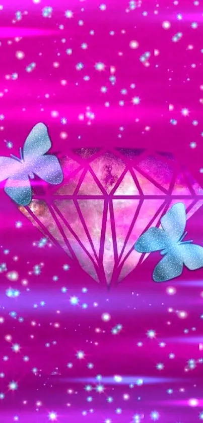 Pink wallpaper with diamond and blue butterflies.