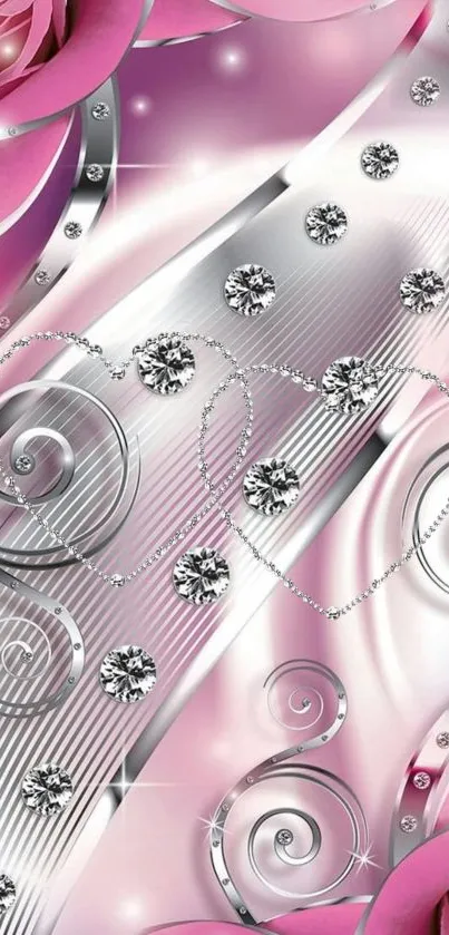 Pink wallpaper with roses and diamonds.