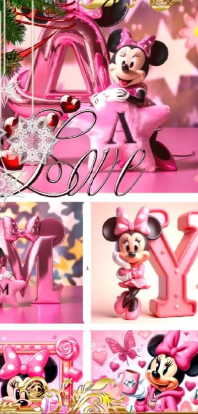 Disney-inspired wallpaper with Minnie Mouse in pink and gold, featuring a love theme.