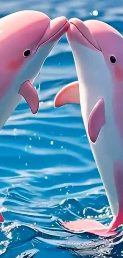Two pink dolphins kiss in a blue ocean scene.