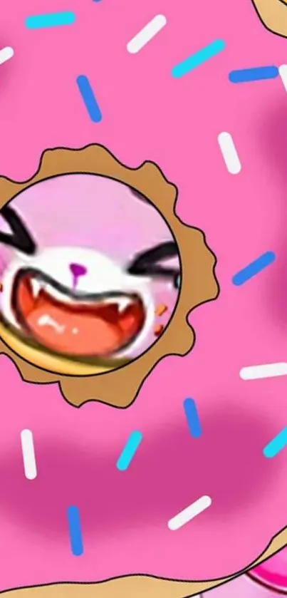 Pink cartoon donut wallpaper with a cute cat face.