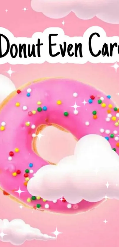 Cute pink donut with clouds and sprinkles on pink background.