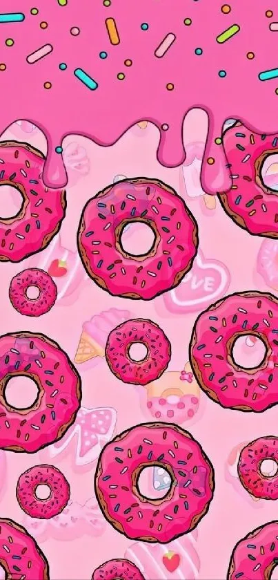 Pink donuts with sprinkles wallpaper design.