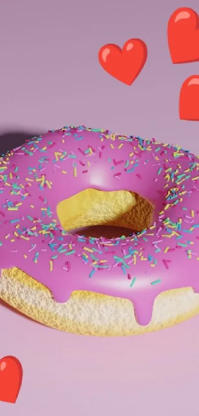 Pink donut and red hearts on a pastel pink background.