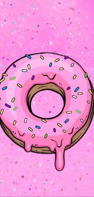 Colorful pink donut wallpaper with sprinkles on a bright background.