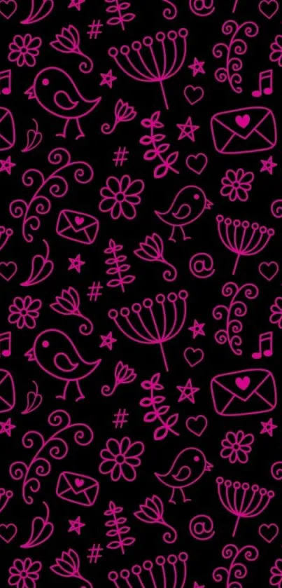 Stylish pink doodle mobile wallpaper with birds and flowers on black background.