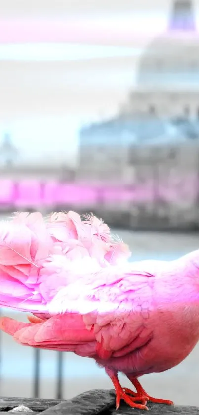 A pink dove perched with a blurred urban background.