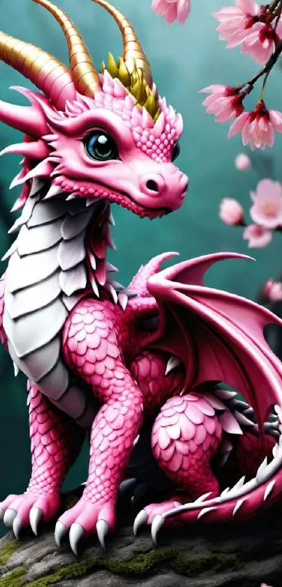 Cute pink dragon surrounded by cherry blossoms in a fantasy art style.