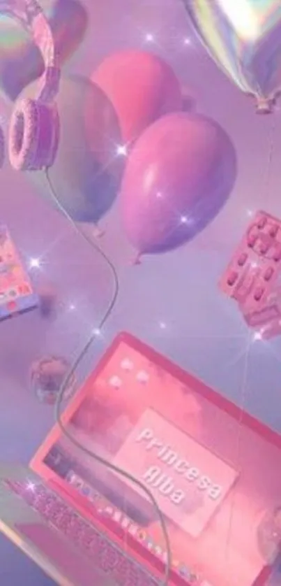 Pink dream aesthetic wallpaper with balloons, headphones, and a laptop.