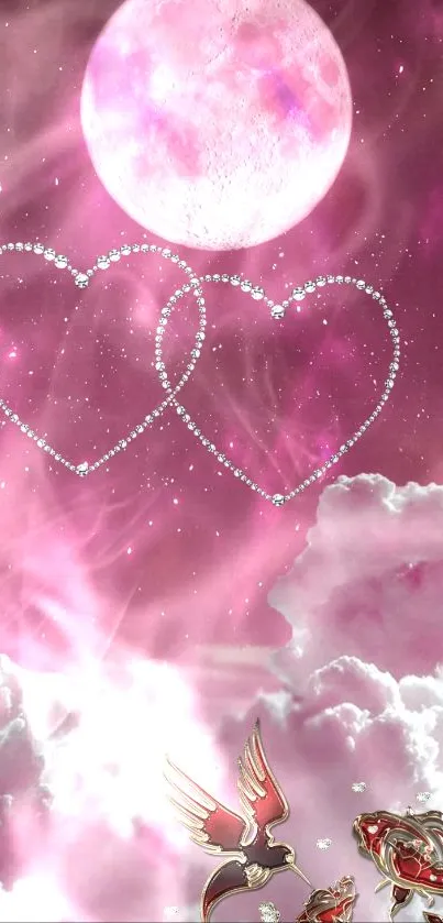 Pink moonlit sky with heart shapes and clouds wallpaper.