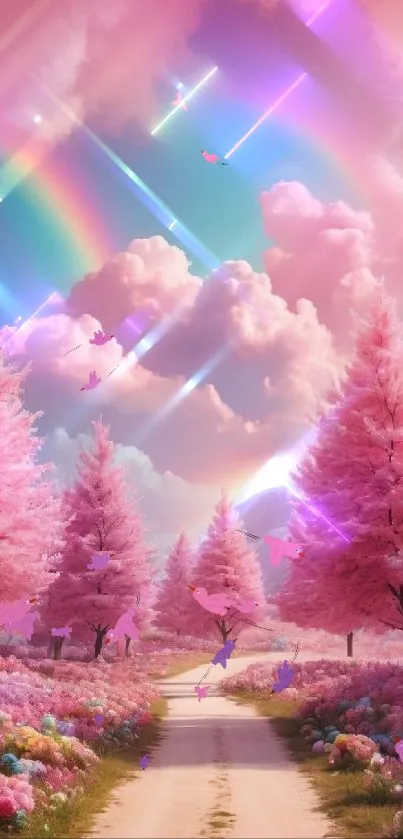 Whimsical pink landscape with rainbows and vibrant trees.