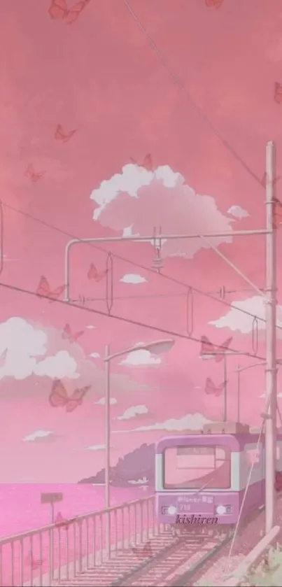 Pink train journey with butterflies and clouds on a surreal background.