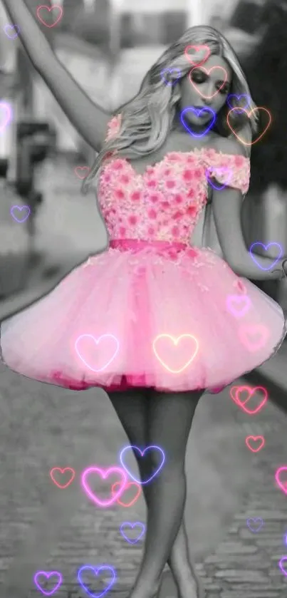 Stylish woman in pink dress with neon hearts on wallpaper.