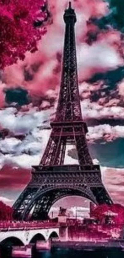 Eiffel Tower with pink sky in a fantasy-style mobile wallpaper.