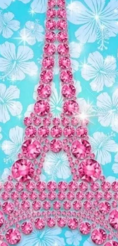 Pink Eiffel Tower with gems on blue floral background wallpaper.