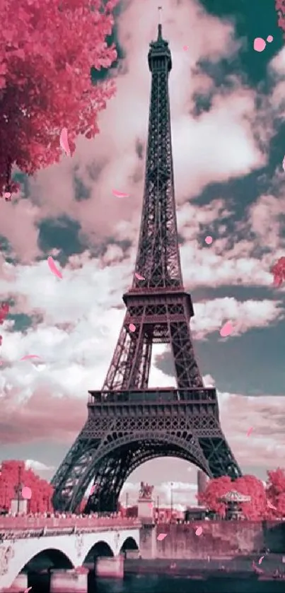 Pink Eiffel Tower with vibrant foliage in a scenic background