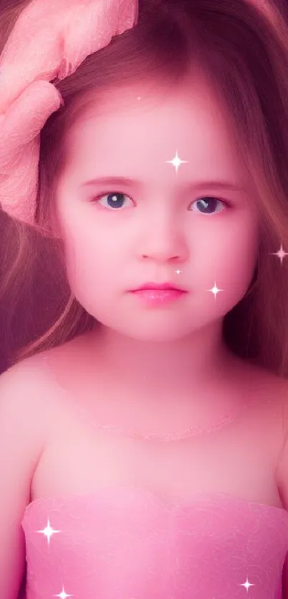 Young girl in pink dress with soft expression and large bow.