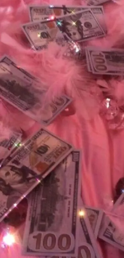 Pink feathers with dollar bills scattered.