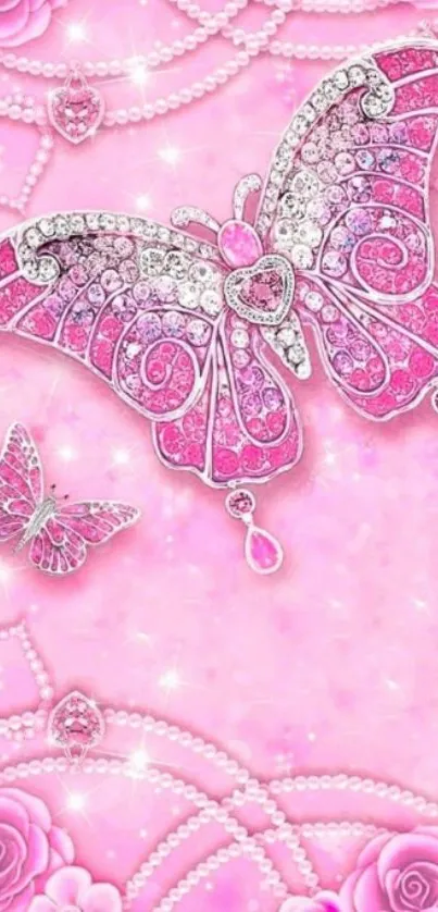 Exquisite pink butterfly with diamond accents and floral design.