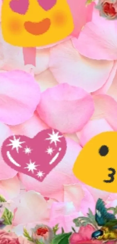 Pink background with emojis and floral accents.