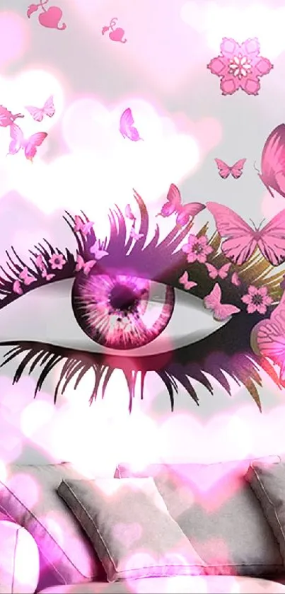 Mobile wallpaper with a pink eye and butterflies.