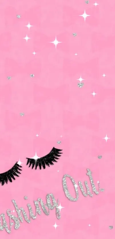 Pink wallpaper with eyelashes and glitter.