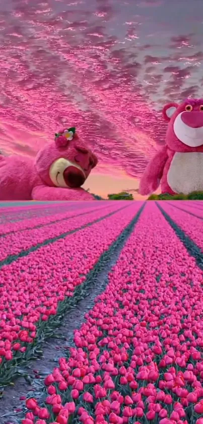 Pink bears and tulip field under a pink sunset sky.