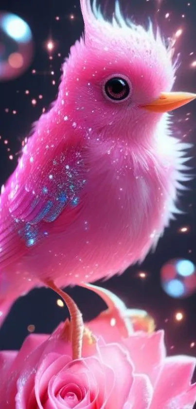 A vibrant pink bird perched on a sparkling rose, set against a mystical background.
