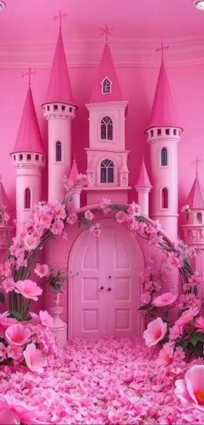 Pink castle with flowers in a dreamy setting.