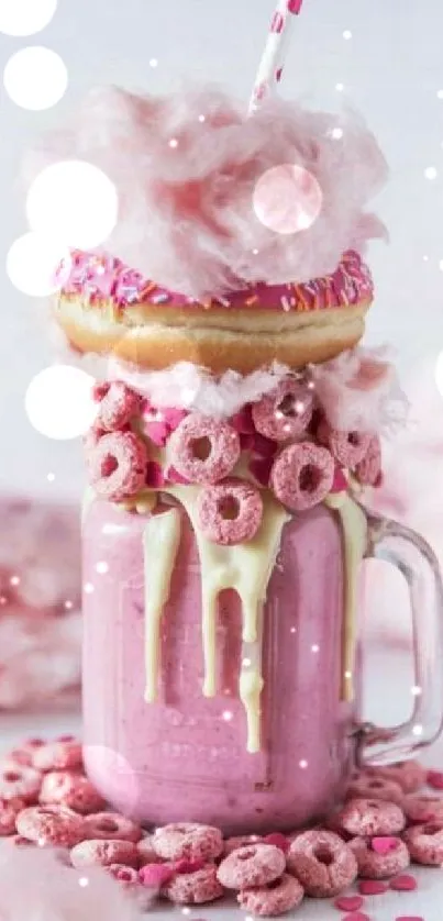 Pink dessert wallpaper with cotton candy, donut, and cereal.