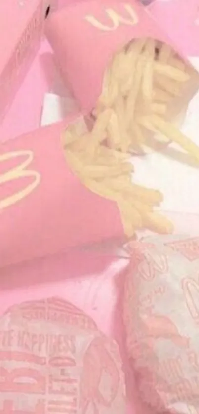 Pink fast food wallpaper with fries and burger in aesthetic pastel tones.