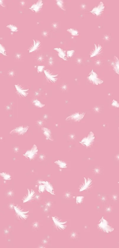 Pink wallpaper with delicate white feathers.