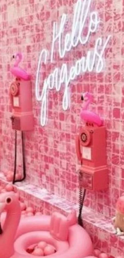 Pink flamingo-themed wallpaper with neon sign and playful decor.