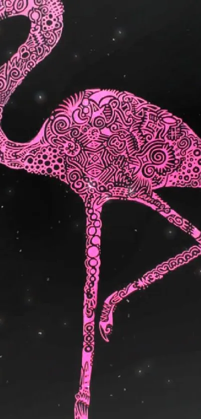 Intricate pink flamingo art against a black backdrop on phone wallpaper.