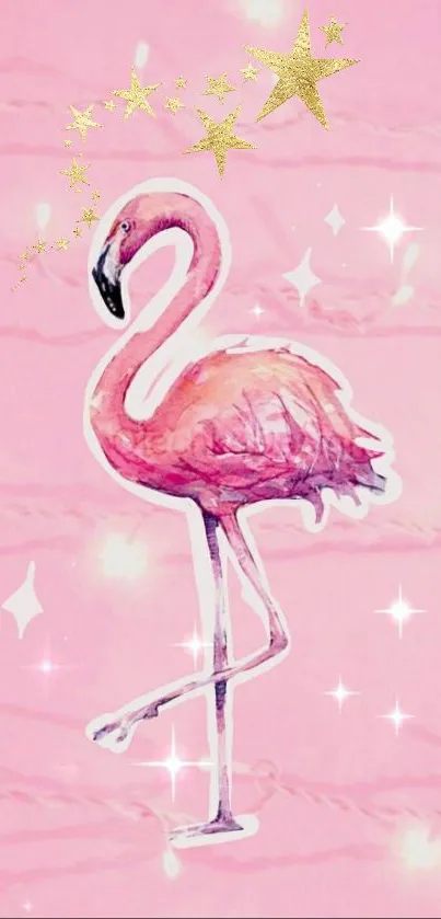 Pink flamingo with stars on a dreamy pink background.