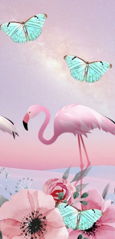 Pink flamingos and butterflies with flowers on a pastel background.