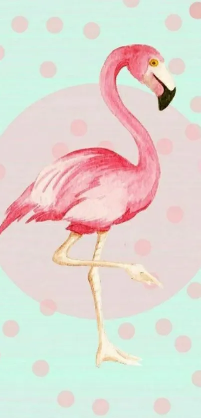 Stylish pink flamingo on mint-green background with polka dots.