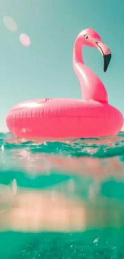 Pink flamingo float on turquoise water with bright summer sky.