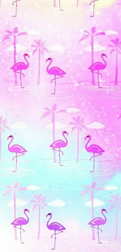 Pink flamingos and palm trees in a dreamy pastel wallpaper.