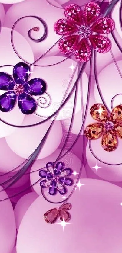 Pink abstract wallpaper with gem-like floral design.