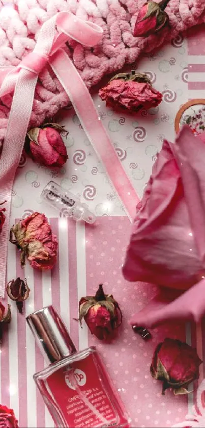 Pink floral wallpaper with roses, perfume, and sleep mask.