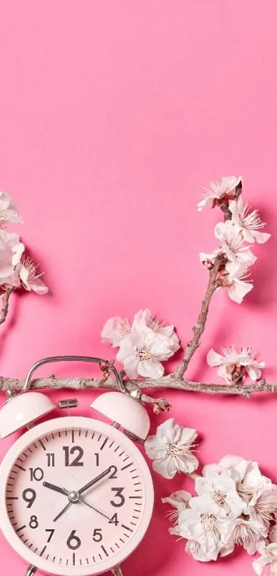 Pink floral wallpaper with alarm clock and cherry blossoms.