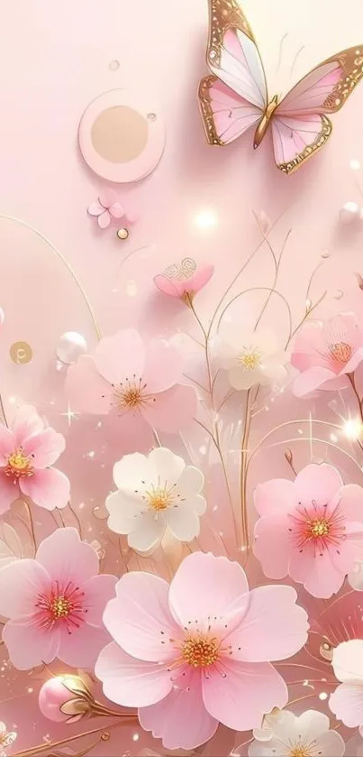 Pink floral wallpaper with butterflies and delicate blossoms.